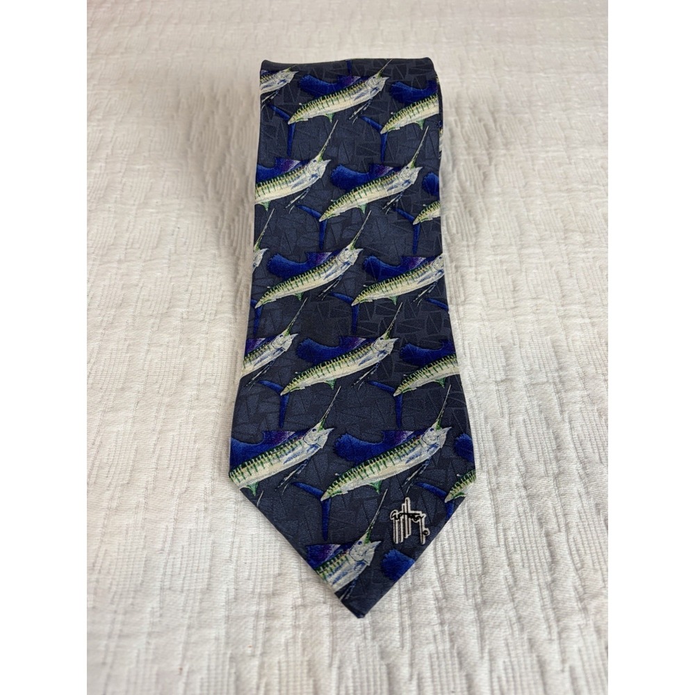 Guy Harvey Tie Swordfish Vintage Blue Novelty Tie Fish Fishing, 100% Silk